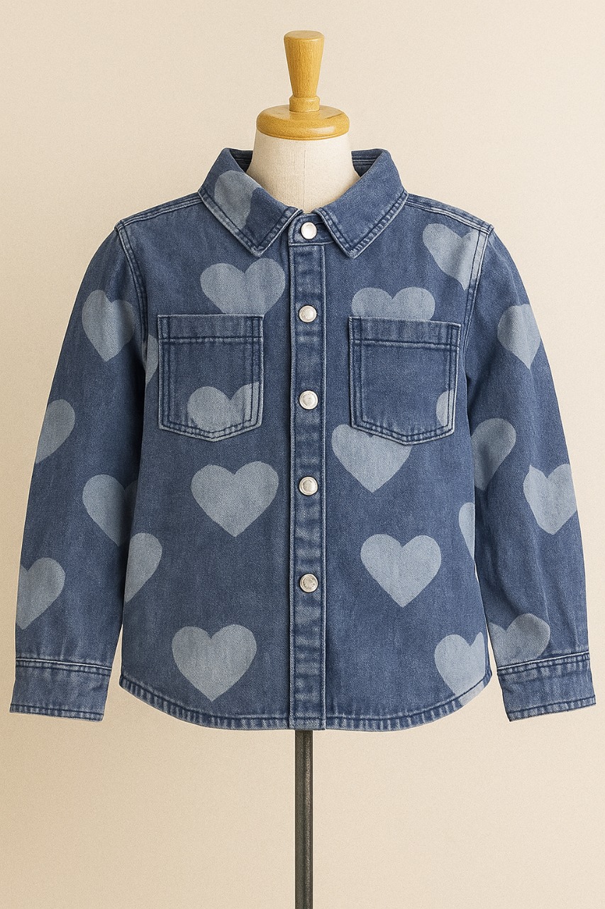 قميص جينز أطفال بنقشة قلوب، تصميم كاجوال أنيق للبنات، مناسب للإطلالات اليومية والكاجوال المدرسية قميص جينز أطفال بنقشة قلوب، تصميم كاجوال أنيق للبنات