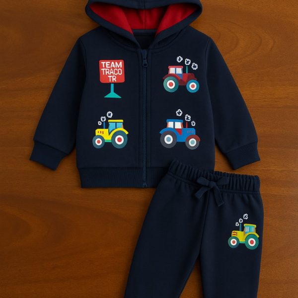 طقم أطفال قطعتين مطبوع بسيارات الجرار، سويت شيرت وبنطلون مريح وعملي