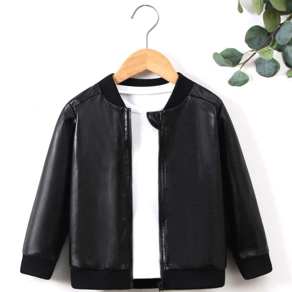 جاكيت جلد أطفال أسود شتوي أنيق، تصميم كلاسيكي عصري