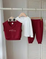 طقم أطفال 3 قطع أنيق باللون الخمري، تصميم كاجوال مستوحى من موضة باريس