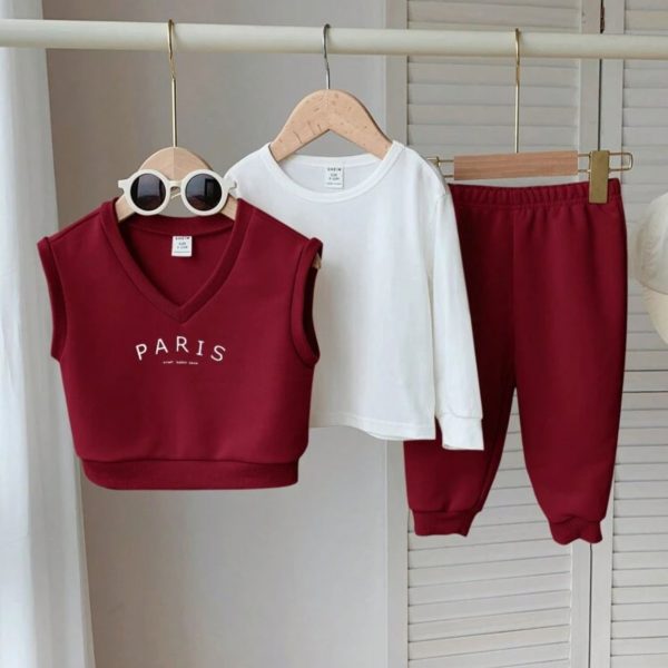 طقم أطفال 3 قطع أنيق باللون الخمري، تصميم كاجوال مستوحى من موضة باريس