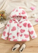 جاكيت فرو شتوي بناتي بقبعة أبيض بنقوش قلوب وردية