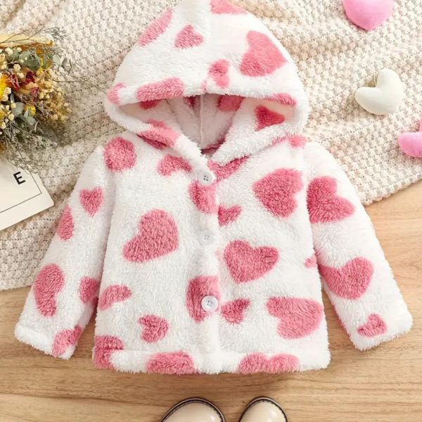 جاكيت فرو شتوي بناتي بقبعة أبيض بنقوش قلوب وردية
