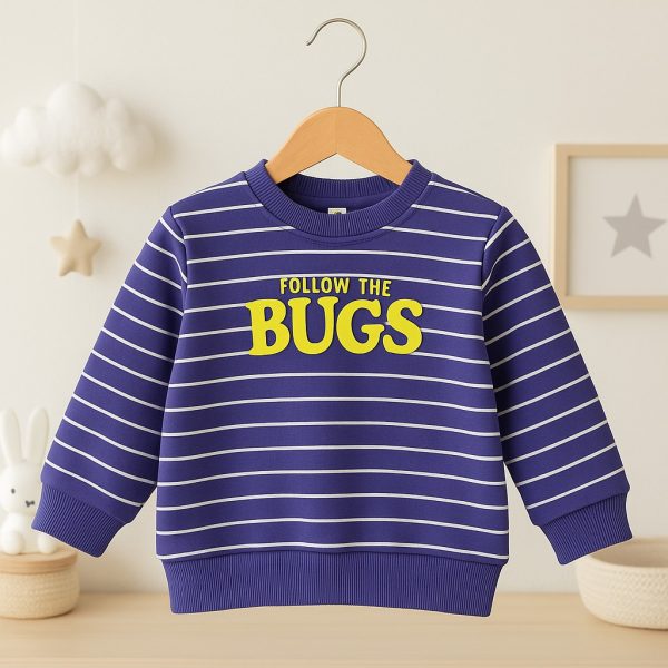 سويتشيرت أطفال بخطوط بنفسجية وطبعة "Follow the Bugs" صفراء، تصميم مريح وعصري
