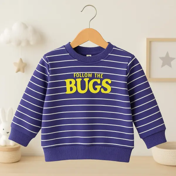 سويتشيرت أطفال بخطوط بنفسجية وطبعة "Follow the Bugs" صفراء، تصميم مريح وعصري