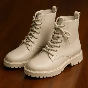 بوت نسائي بيج أنيق برباط أمامي ونعل سميك، تصميم مريح لإطلالة شتوية راقية 1 WhatsApp Image 2025 11 11 at 2.59.24 PM