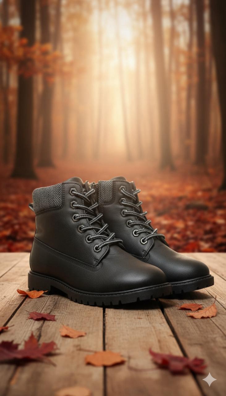 بوت أطفال شتوي جلد أسود مريح وعصري للمغامرات في الطقس البارد بوت أطفال شتوي جلد أسود مريح وعصري للمغامرات في الطقس البارد