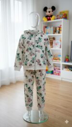 بيجاما أطفال بقبعة ورسومات ميكي وميني بخامة قطنية ناعمة، مثالية للنوم والاستخدام اليومي