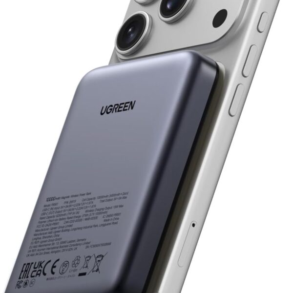 باور بانك UGREEN MagSafe سعة 10000mAh، شحن لاسلكي + شحن سلكي سريع PD 20W، مناسب لـ iPhone 12–17 (MagSafe) وكمان Samsung S25U، لون أسود.