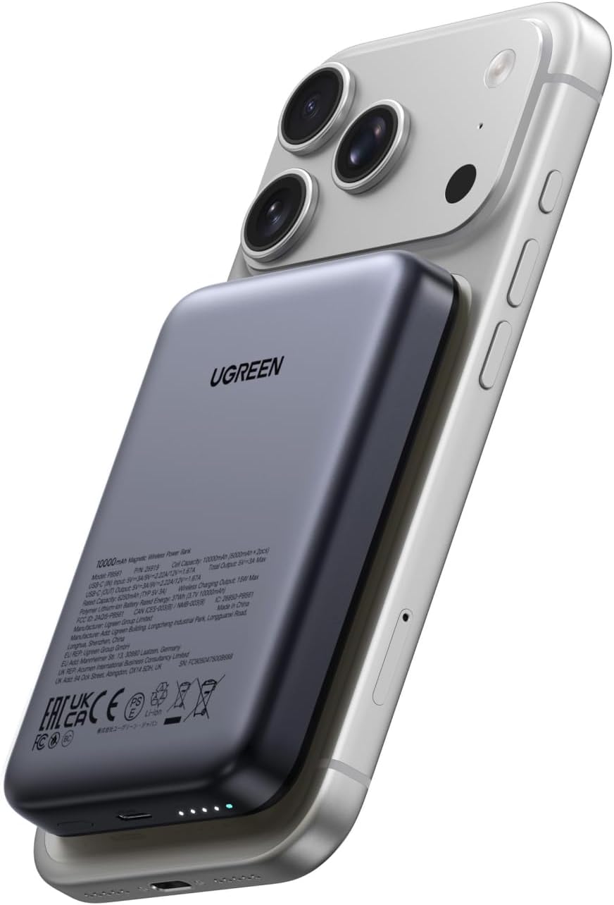باور بانك UGREEN MagSafe سعة 10000mAh، شحن لاسلكي + شحن سلكي سريع PD 20W، مناسب لـ iPhone 12–17 (MagSafe) وكمان Samsung S25U، لون أسود. باور بانك UGREEN MagSafe سعة 10000mAh، شحن لاسلكي + شحن سلكي سريع PD 20W، مناسب لـ iPhone 12–17 (MagSafe) وكمان Samsung S25U، لون أسود.
