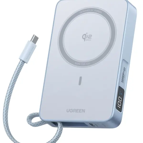 باور بانك UGREEN MagFlow Qi2 سعة 10000mAh، شحن مغناطيسي MagSafe بقدرة 25W، مع كابل USB‑C مدمج 30W، مناسب لـ iPhone 17 ومتوافق مع iPhone وAirPods وبعض أجهزة Xiaomi وSamsung (سلسلة 2025).