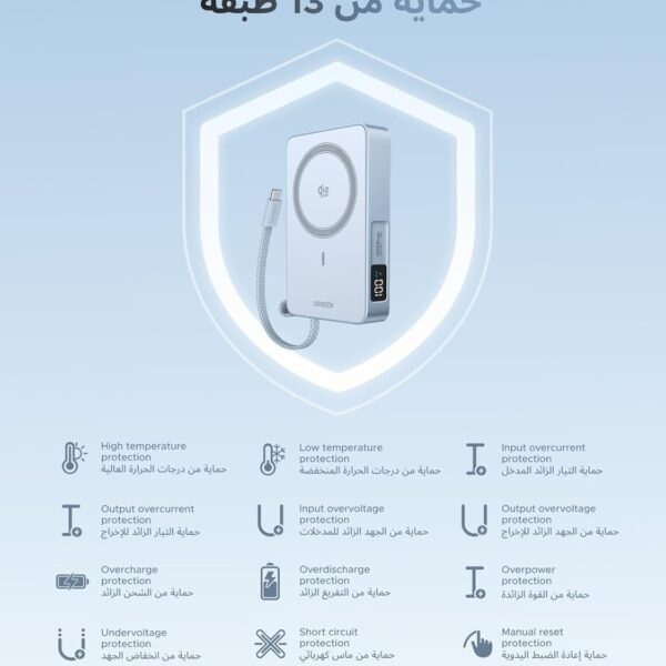 باور بانك UGREEN MagFlow Qi2 سعة 10000mAh، شحن مغناطيسي MagSafe بقدرة 25W، مع كابل USB‑C مدمج 30W، مناسب لـ iPhone 17 ومتوافق مع iPhone وAirPods وبعض أجهزة Xiaomi وSamsung (سلسلة 2025).