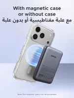 باور بانك UGREEN MagSafe سعة 10000mAh، شحن لاسلكي + شحن سلكي سريع PD 20W، مناسب لـ iPhone 12–17 (MagSafe) وكمان Samsung S25U، لون أسود.
