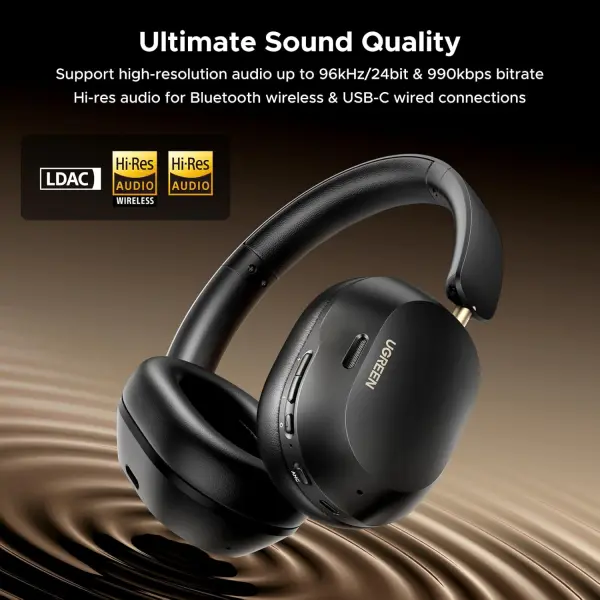 سماعة UGREEN HiTune Max5C أوفر-إير لاسلكية بعزل ضوضاء متكيف ANC حتى 38dB، وصوت Hi‑Res مع دعم LDAC وCustom EQ عبر تطبيق UGREEN.