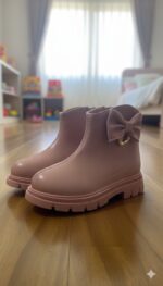 بوت أطفال بناتي بوت أطفال بوت بناتي بوت قصير حذاء أطفال أنيق فيونكة جانبية سحاب جانبي نعل مطاطي مانع للانزلاق حذاء يومي للأطفال