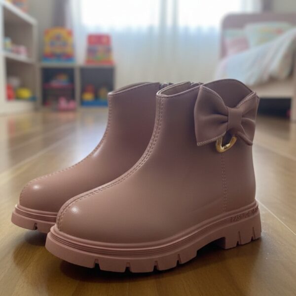 بوت أطفال بناتي بوت أطفال بوت بناتي بوت قصير حذاء أطفال أنيق فيونكة جانبية سحاب جانبي نعل مطاطي مانع للانزلاق حذاء يومي للأطفال