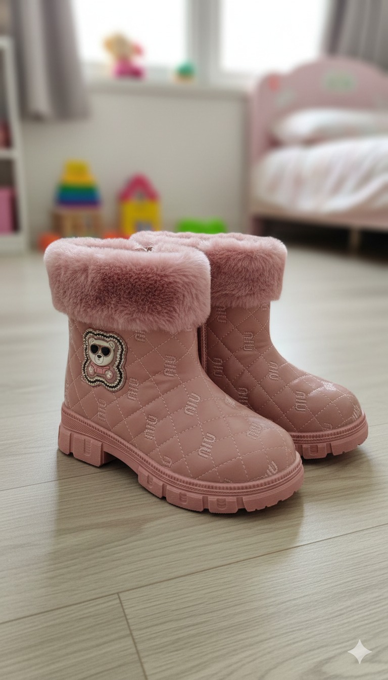 بوت أطفال بناتي شتوي مبطن فرو، دافئ بنقشة مربعات ونعل مانع للانزلاق بوت أطفال بناتي شتوي مبطن فرو، دافئ بنقشة مربعات ونعل مانع للانزلاق