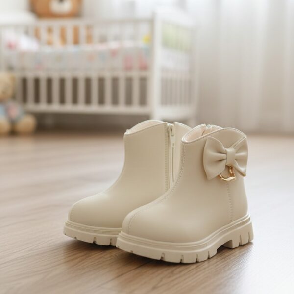 بوت أطفال بناتي قصير، بألوان متنوعة تصميم أنيق بفيونكة جانبية ونعل مطاطي مانع للانزلاق