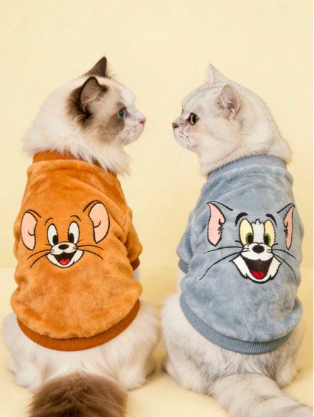 توم وجيري × شي إن 1 بلوزة قطيفة مطبوعة بنمط كرتوني لطيف، سويت شيرت قطيفة، ملابس قطط، ملابس كلاب، مقاسات من XXS إلى XXXXL، صغير جدًا، كبير جدًا.