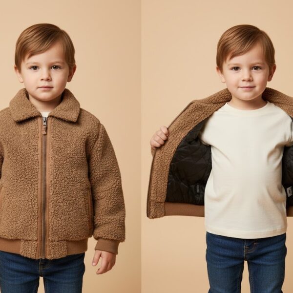 جاكيت (Shacket) ولادي كاروهات صوف مبطن بفرو ناعم - بني