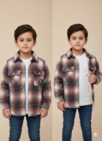 قميص جاكيت (Shacket) ولادي كاروهات صوف مبطن بالفرو - بني وأزرق