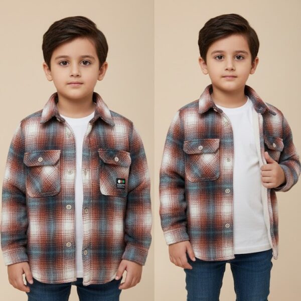 قميص جاكيت (Shacket) ولادي كاروهات صوف مبطن بالفرو - بني وأزرق