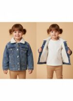 جاكيت جينز بناتي شتوي مطرز بزهور ومبطن بفرو شيربا ناعم
