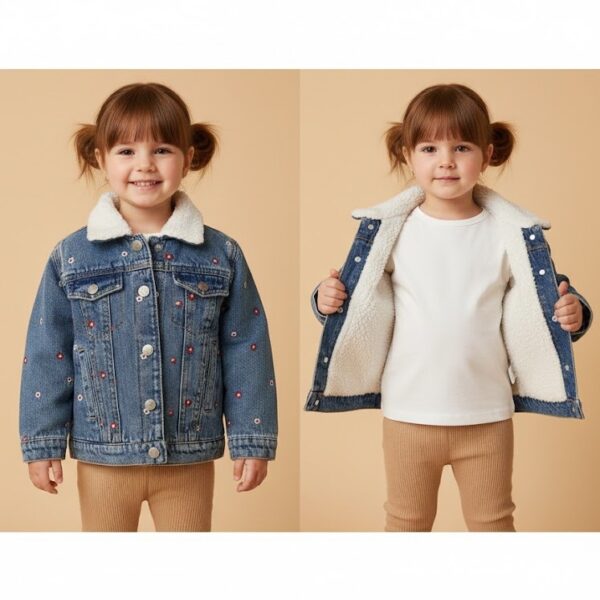 جاكيت جينز بناتي شتوي مطرز بزهور ومبطن بفرو شيربا ناعم