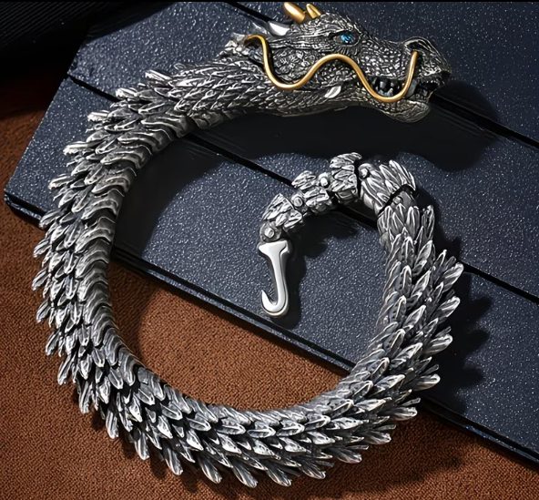 سوار رجالي عتيق بتصميم تنين 2025 – إكسسوار أنيق لعشاق الأسلوب العصري والجذاب