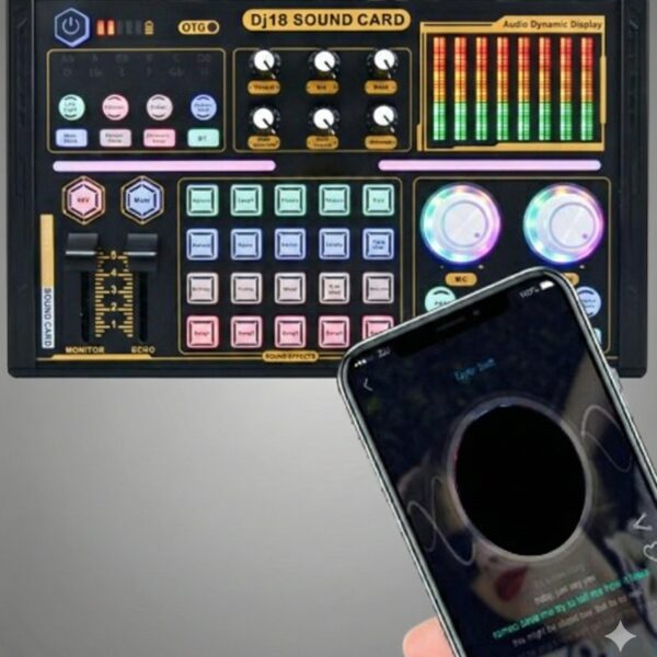 جوينك بطاقة صوت دي جيه 18 ميكسر لايف مع تأثيرات تقليل الضوضاء، تدعم ميكروفون مكثف 48 فولت للبث الابداعي