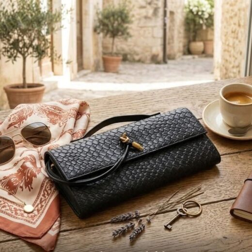 شنطة بورتفيه حريمي جلد أسود بتصميم مجدول وقفل ذهبي (Woven Leather)