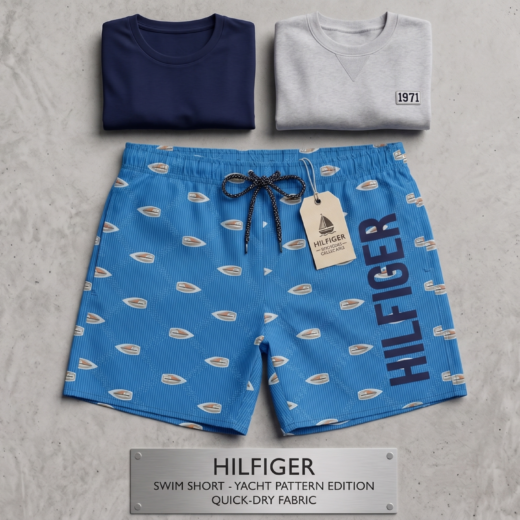 مايوه رجالي (شورت بحر) ماركة Hilfiger أزرق بطبعة اليخوت - إصدار Yacht Pattern