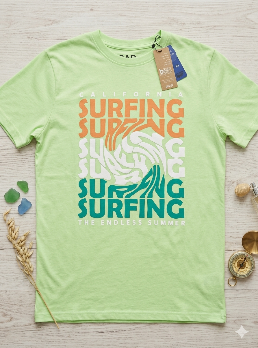 تيشرت ولادي صيفي أخضر فاتح بطبعة California Surfing تيشرت ولادي صيفي أخضر فاتح بطبعة California Surfing