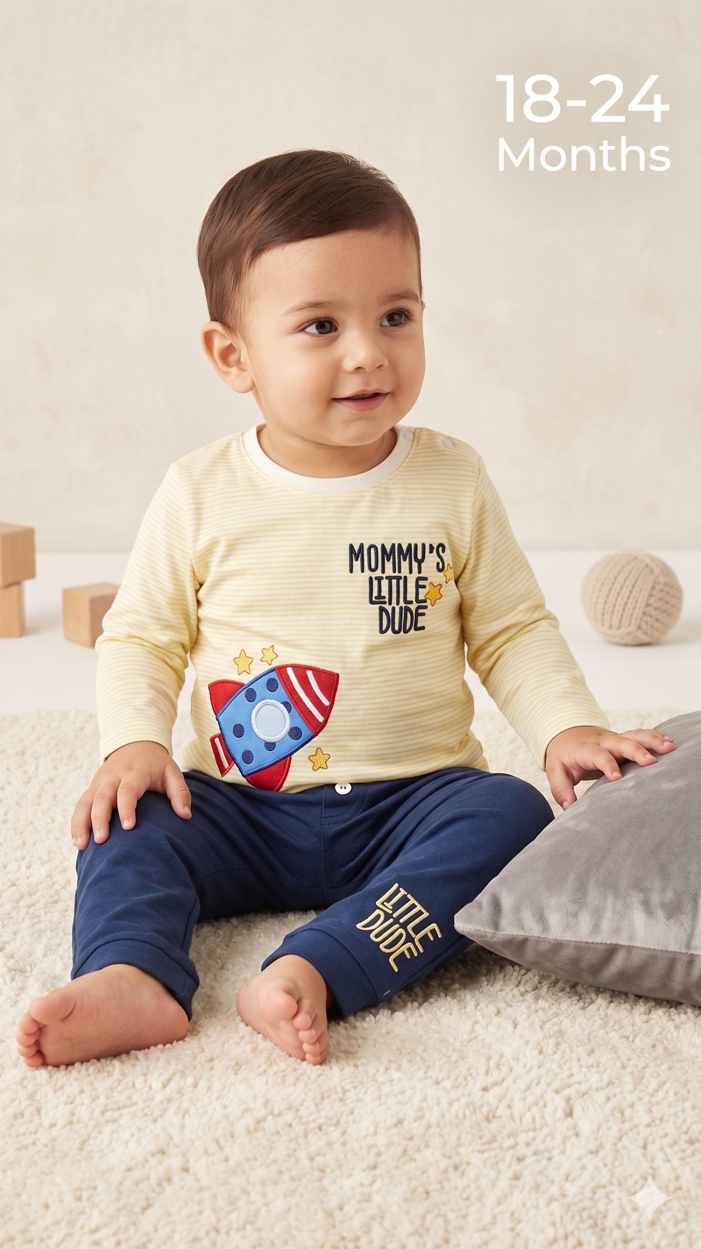بيجامة أطفال ولادي قطعتين بطبعة صاروخ الفضاء "Mommy's Little Dude" - مقاس 18-24 شهر بيجامة أطفال ولادي قطعتين بطبعة صاروخ الفضاء "Mommy's Little Dude"