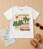 تيشرت أطفال ولادي صيفي ماركة R&B أبيض بطبعة "Road Trip Adventure"