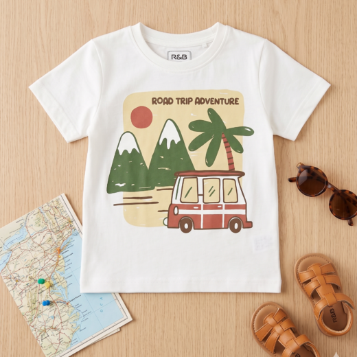 تيشرت أطفال ولادي صيفي ماركة R&B أبيض بطبعة "Road Trip Adventure"