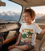تيشرت أطفال ولادي صيفي ماركة R&B أبيض بطبعة "Road Trip Adventure"