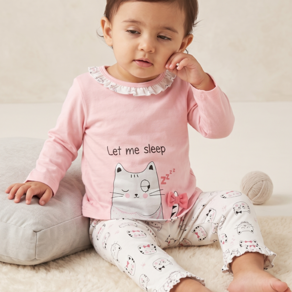 بيجامة أطفال بناتي قطعتين بطبعة "القطة النائمة" Let Me Sleep
