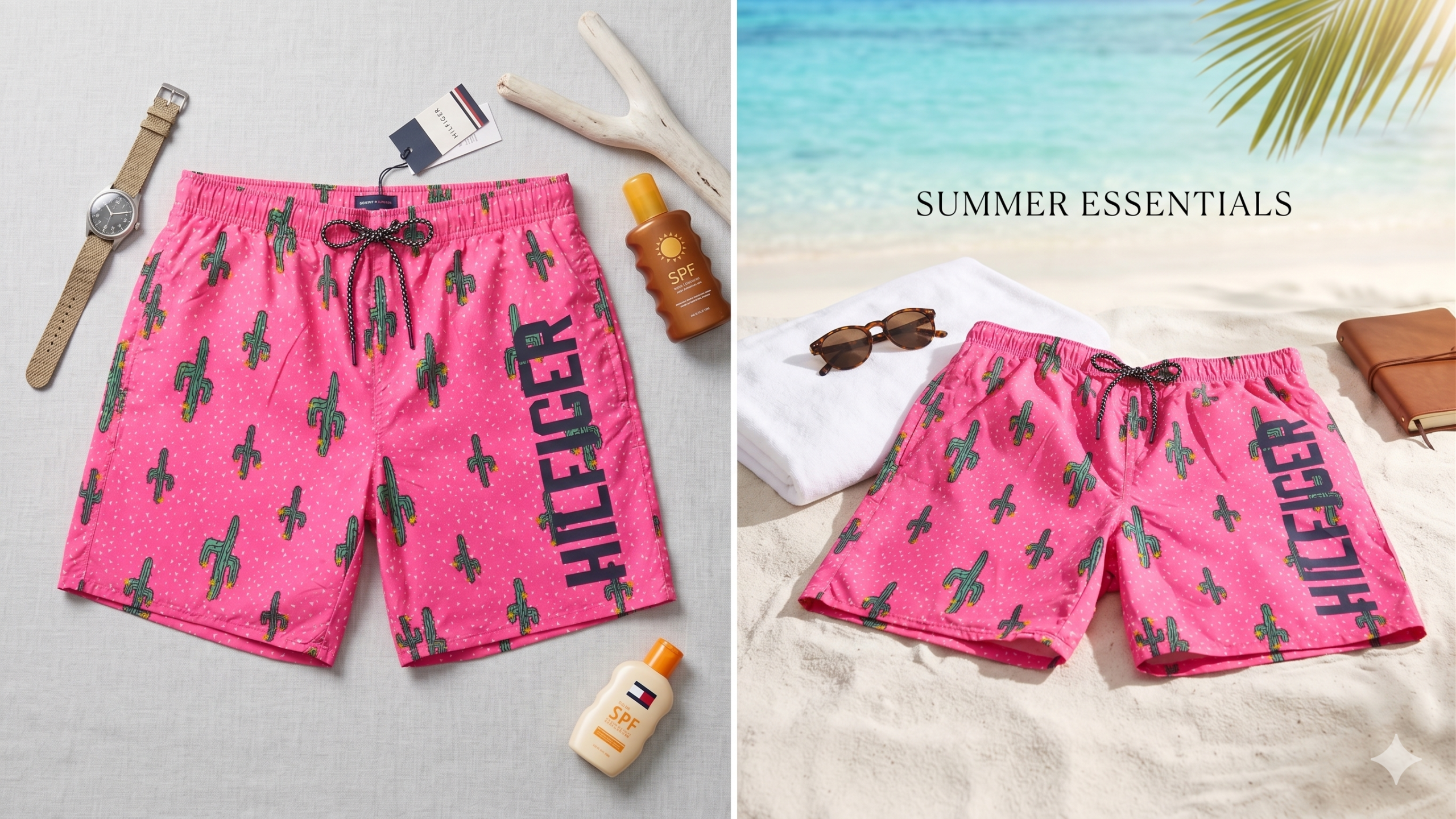 مايوه رجالي (شورت بحر) ماركة Hilfiger وردي بطبعة "الصبار" - إصدار Summer Essentials مايوه رجالي (شورت بحر) ماركة Hilfiger وردي بطبعة "الصبار" - إصدار Summer Essentials