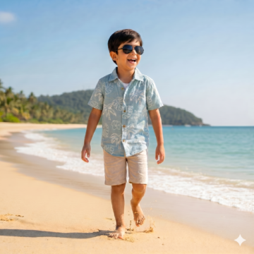 قميص أطفال ولادي صيفي أزرق فاتح بطبعة استوائية - إصدار The Tropical Leaf Collection