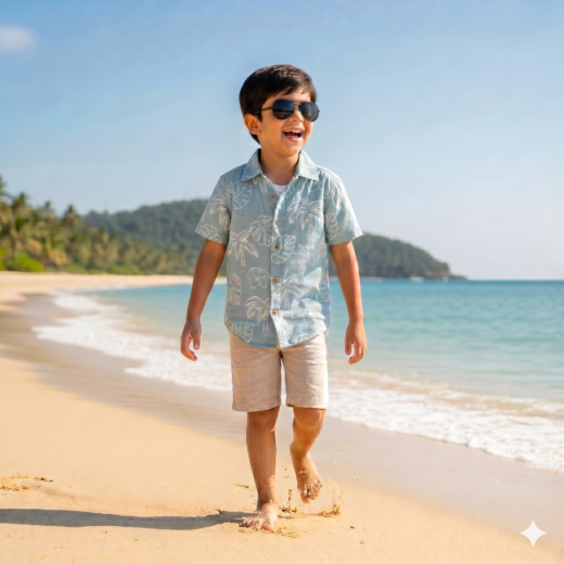 قميص أطفال ولادي صيفي أزرق فاتح بطبعة استوائية - إصدار The Tropical Leaf Collection