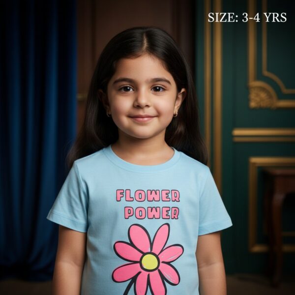 تيشرت بناتي قطن صيفي لبني بطبعة وردة FLOWER POWER (مقاس 3-4 سنوات)