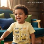 تيشرت أطفال ولادي صيفي أصفر فاتح بطبعة "سيارات البناء"