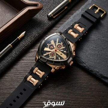 ساعة رجالي رياضية فاخرة Liboger بتصميم مثلث وسوار سيليكون بوصلات ذهبية