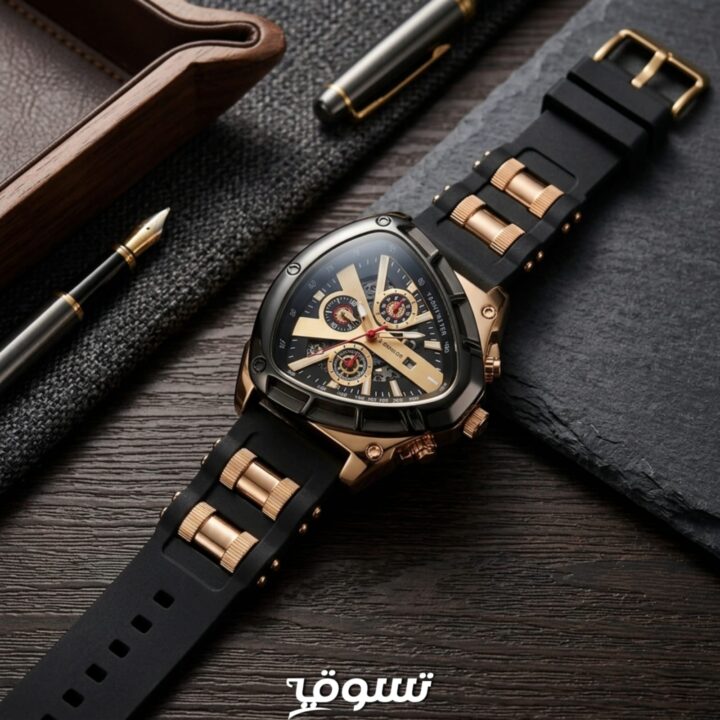 ساعة رجالي رياضية فاخرة Liboger بتصميم مثلث وسوار سيليكون بوصلات ذهبية