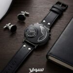 ساعة رجالي صيفية فاخرة بمينا مزدوج وتصميم ميكانيكي وسوار جلد أسود كامل