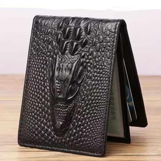 محفظة رجالي جلد سوداء كلاسيكية بنقشة تمساح بارزة (Crocodile Texture)