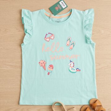 تيشرت بناتي صيفي قطن بأكمام مكشكشة وطبعة "Hello Summer" باللون المينت جرين
