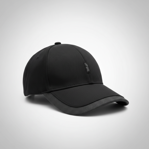 كاب أسود فاخر بتصميم Minimalist وشعار JFBE