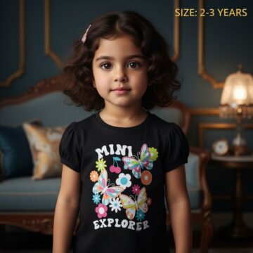 تيشرت بناتي قطن صيفي أسود بطبعة فراشات وكلمة Mini Explorer